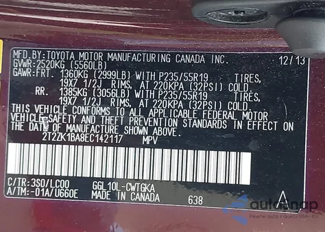 2014 Lexus Rx 350 z USA, uszkodzony, nr VIN 2T2ZK1BA8EC142117